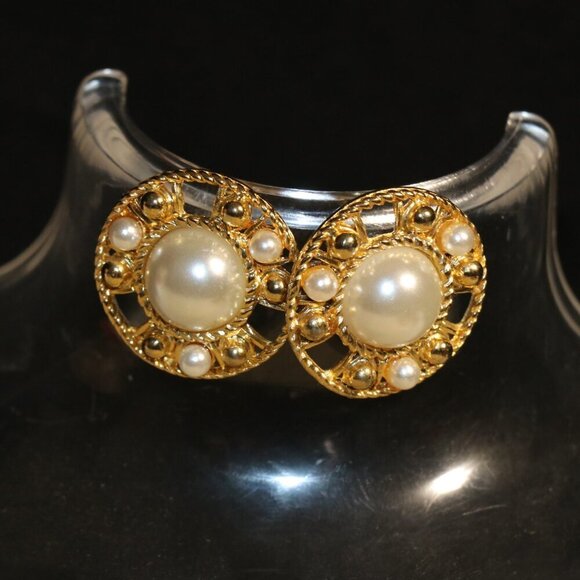 1.25" Diameter Gold Tone Earrings with Faux Pearl Accents - Picture 2 of 5